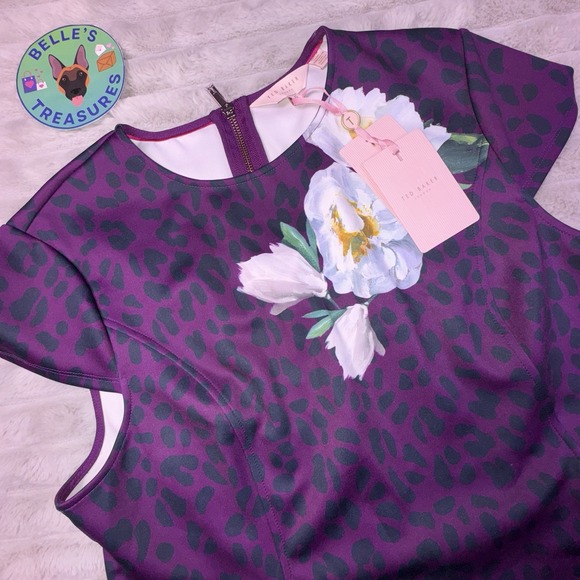 Ted‎ Baker Sz 5 US 14 Wilderness Short Sleeve Skater Dress Purple Leopard Pocket - Picture 1 of 13